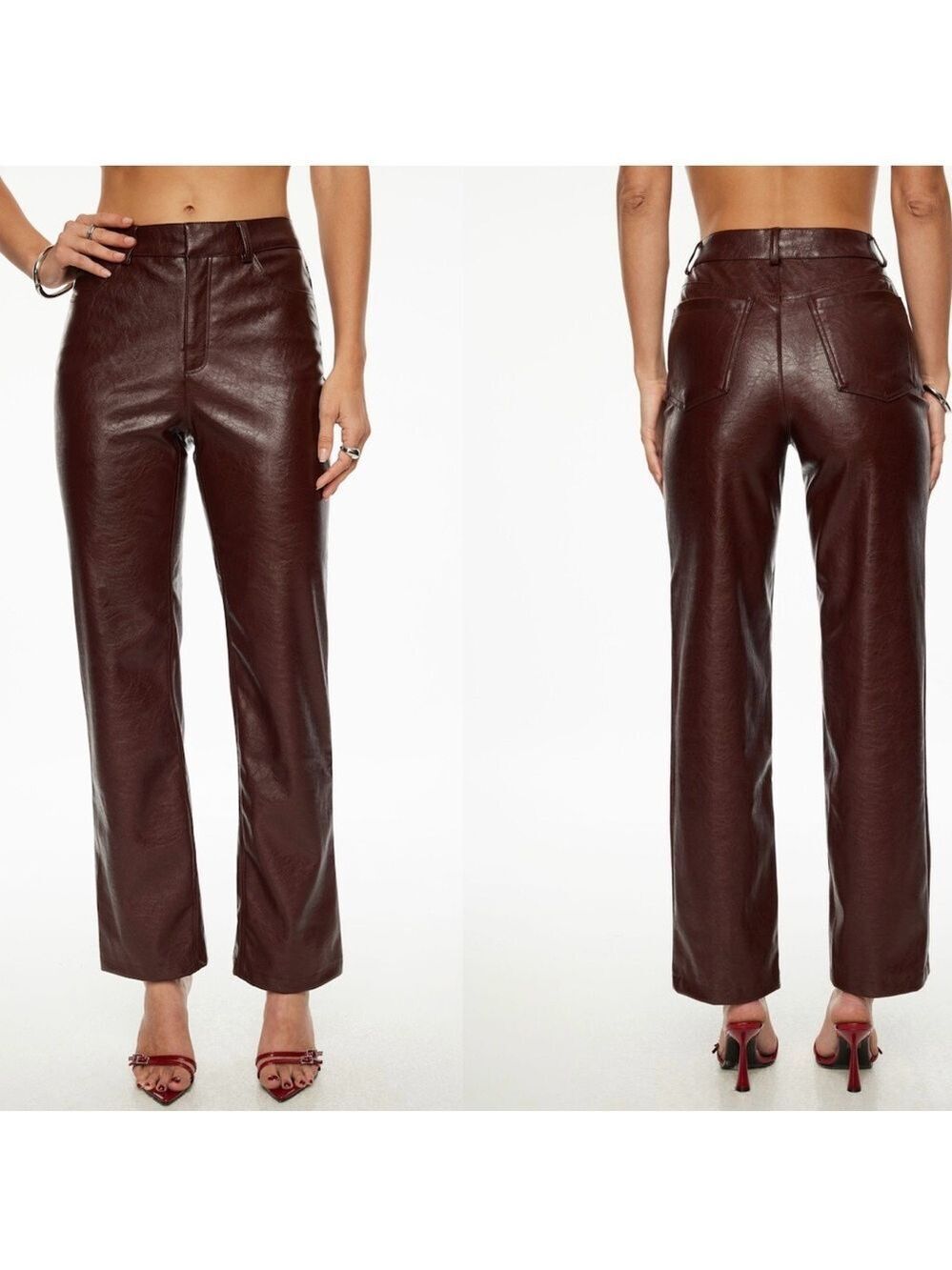 Dynamite Justina straight crinkled faux leather pants in burgundy (dark Ruby) 6
